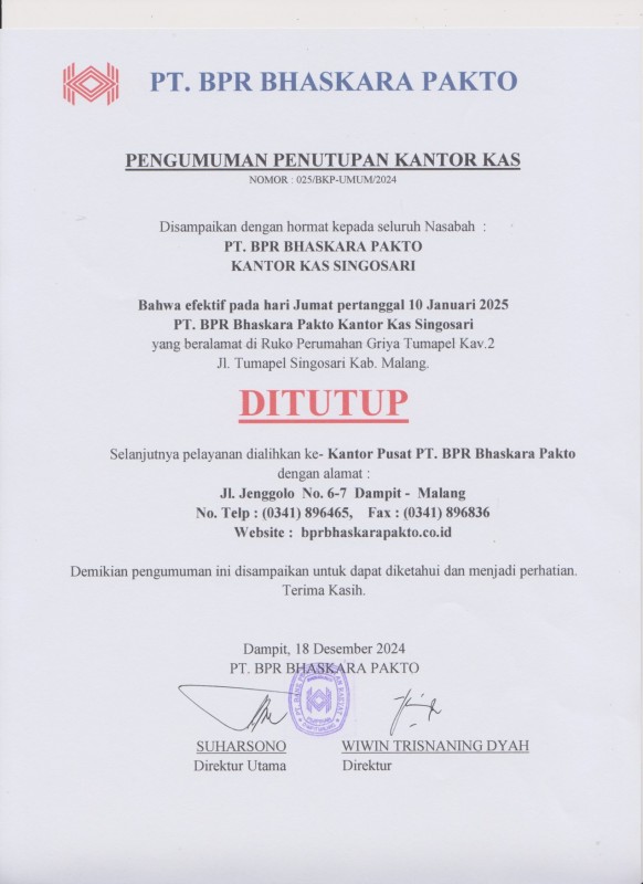 PENGUMUMAN PENUTUPAN KANTOR KAS SINGOSARI